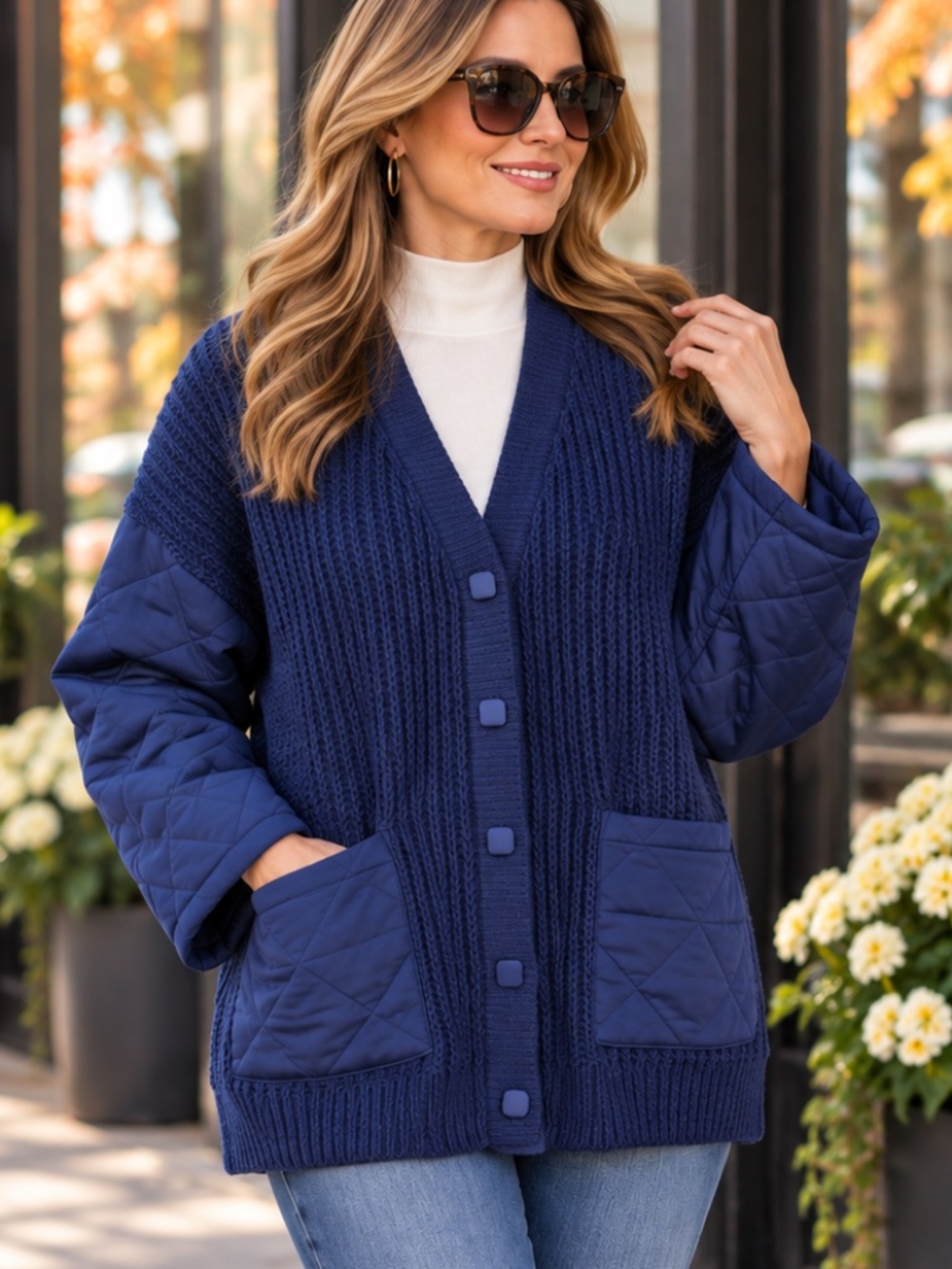 Marla Wynne Cozy Plush Quilted Satin Cardigan Jacket Twilight Blue Size L NWT